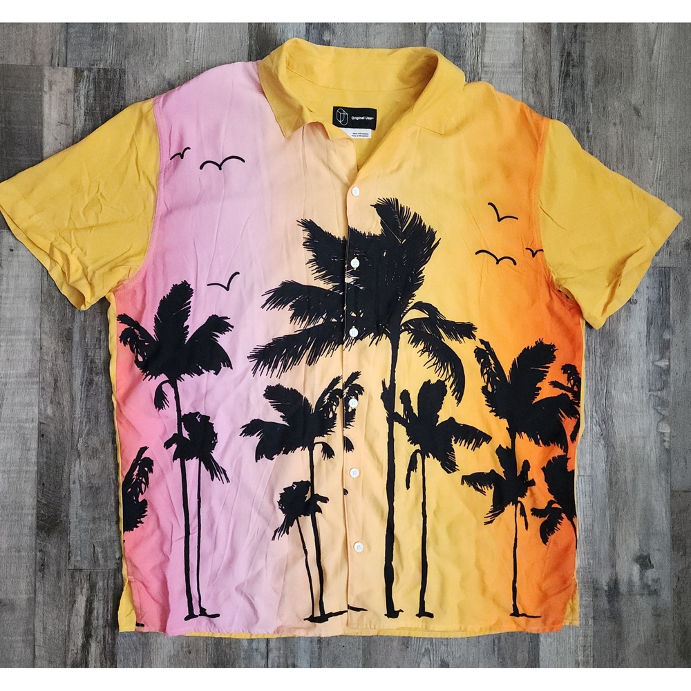 Original Use Button Down Shirt Mens Large Yellow Sunset Ombre Palm Tree Rayon
